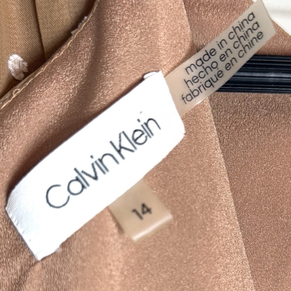 Calvin Klein Tan Polka Dot Belted Handkerchief Hem Midi Sleeveless Dress Size 14 - Picture 11 of 17